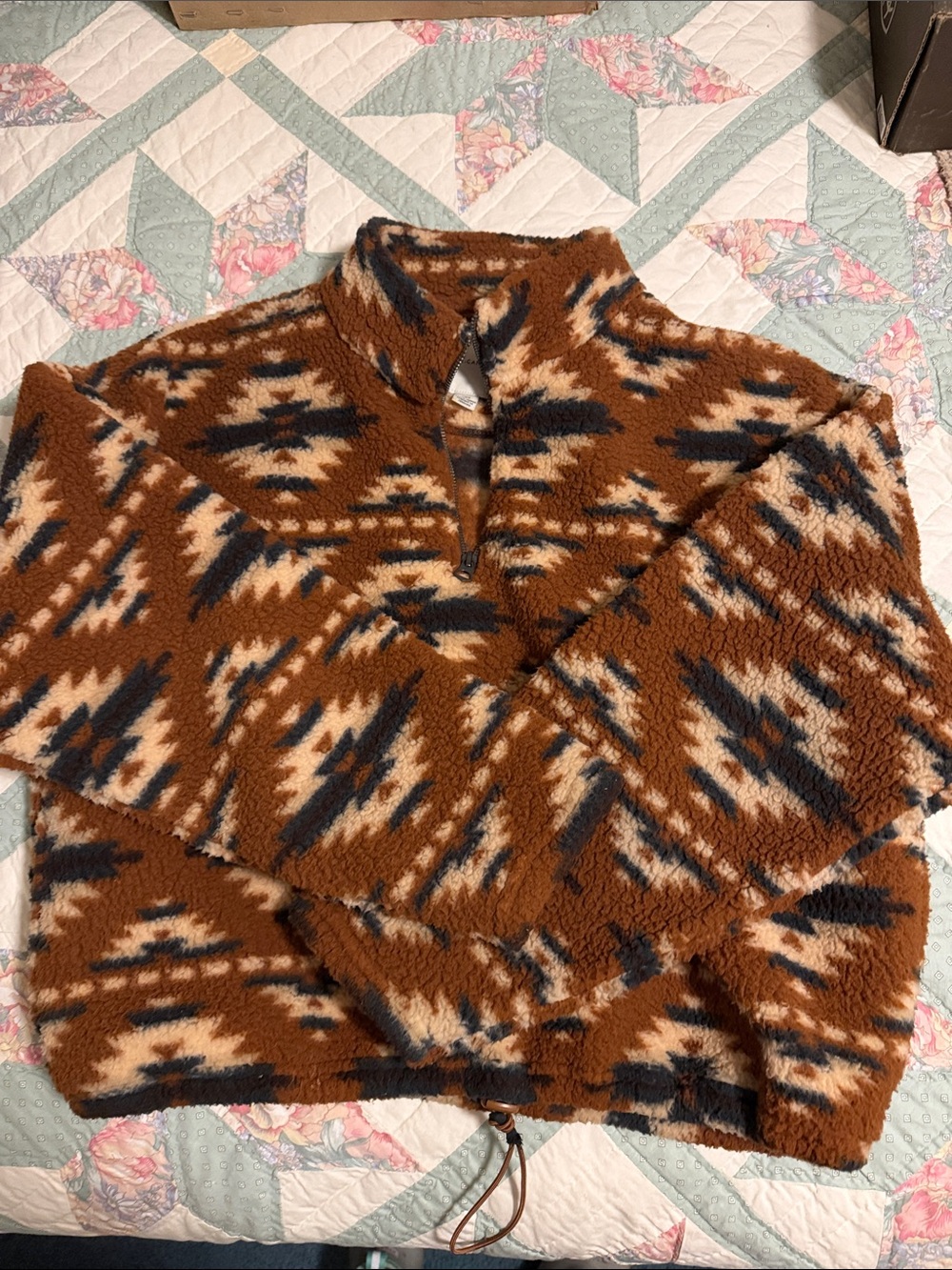 American Eagle Outfitters Aztec Sherpa Half-Zip Jacket - Brown, Cream, Black